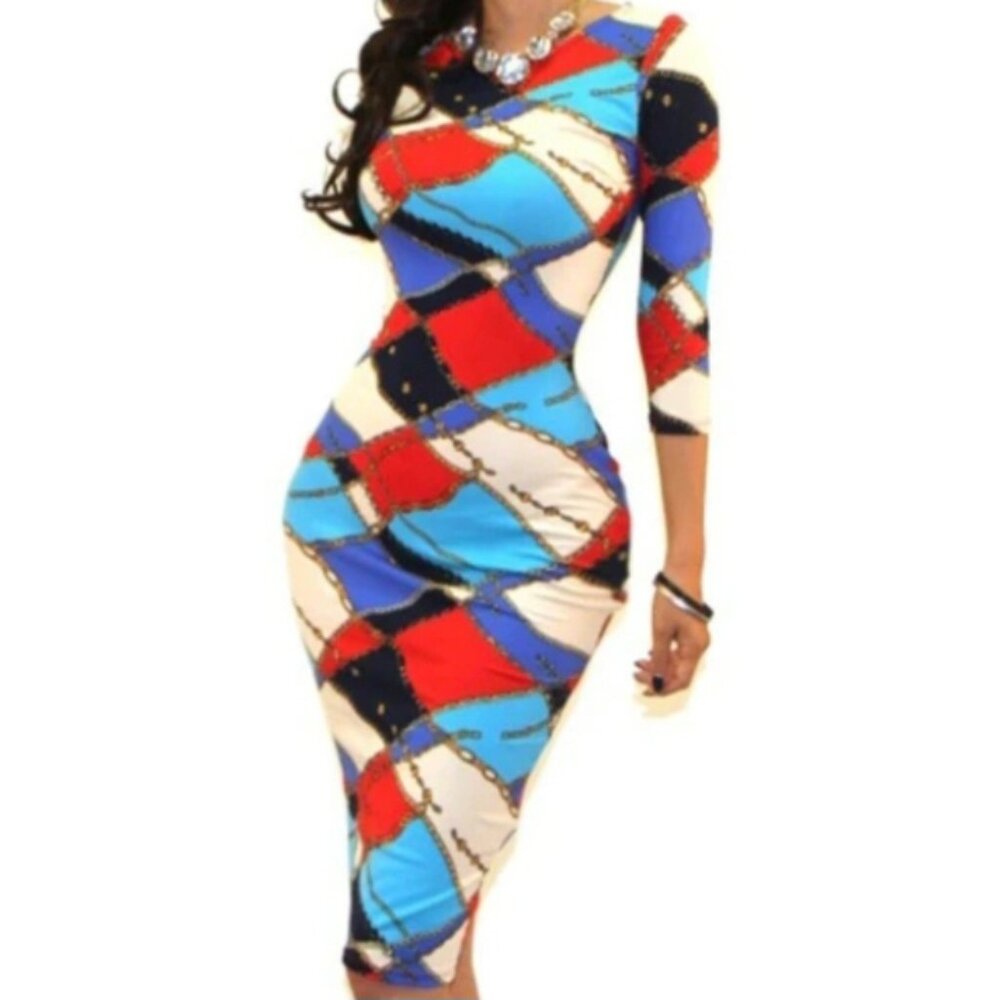 Got Style Winter Sky Blue Gold Red 3/4 Sleeve Bodycon Party Cocktail Dress